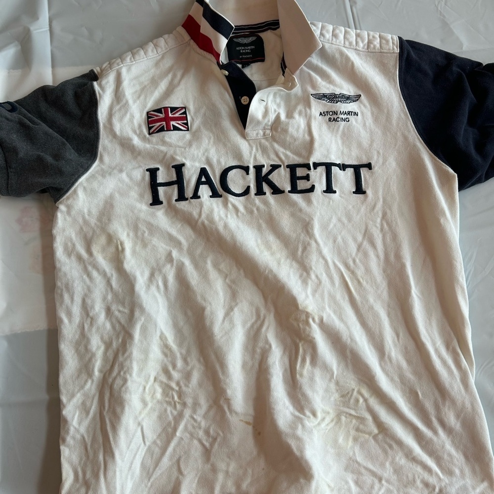 Hackett White Polo with Navy Sleeves and Red Accent